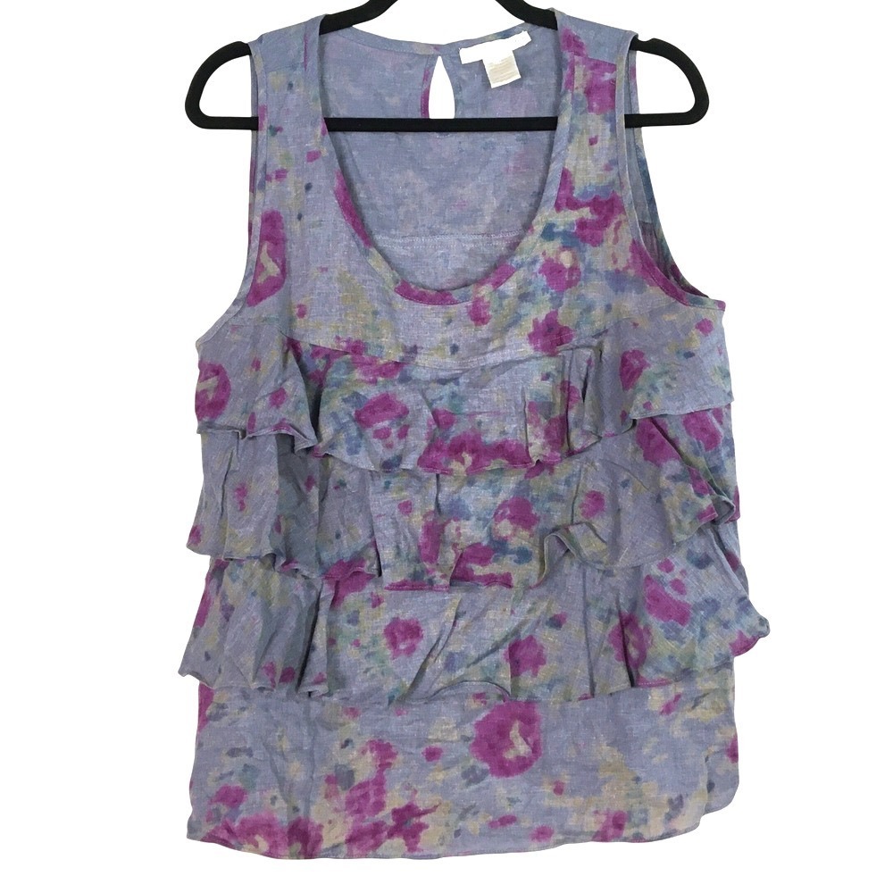Sarah Spencer Floral Ruffle Linen Blend Tank Top L Blue Purple